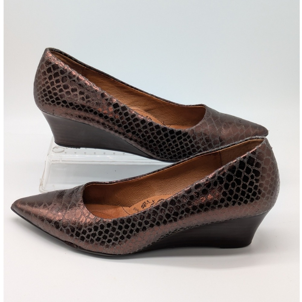 Sofft Womens 7M Bronze Snakeskin Pointed Toe Wedge Pumps Metallic Career
